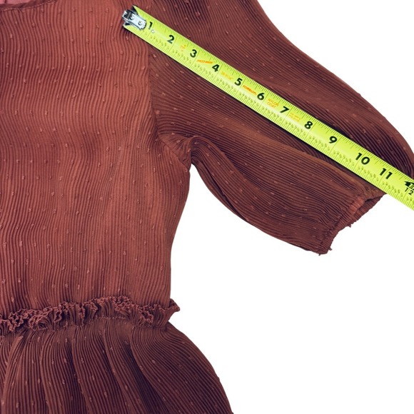 English Factory Pleated Tiered Midi Dress Mauve Puff Sleeve Ruffle Sz M Peasant - Picture 13 of 16